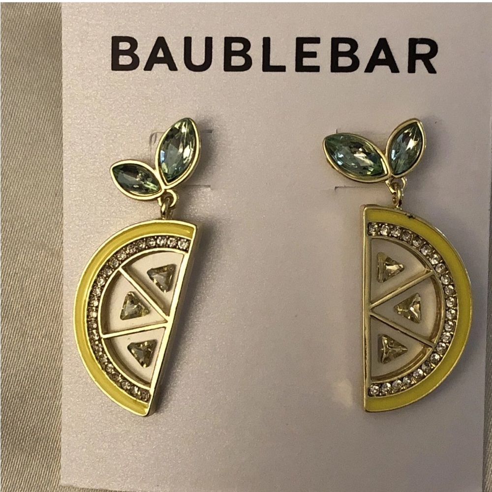 BaubleBar Gold Tone & Yellow Enamel Lemon Slice Drop Earrings Crystal NEW